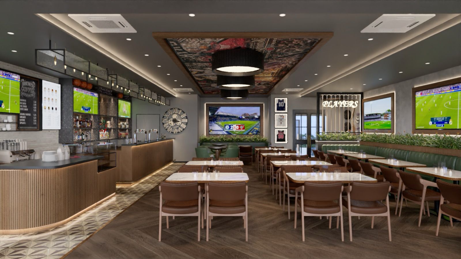 Dining room with the Players neon sign and live sport screens