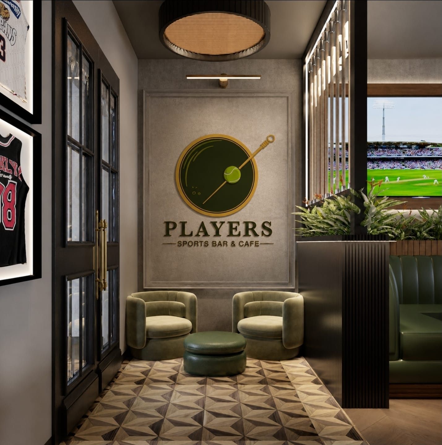 Lounge seating beneath the framed Players logo with a live cricket view