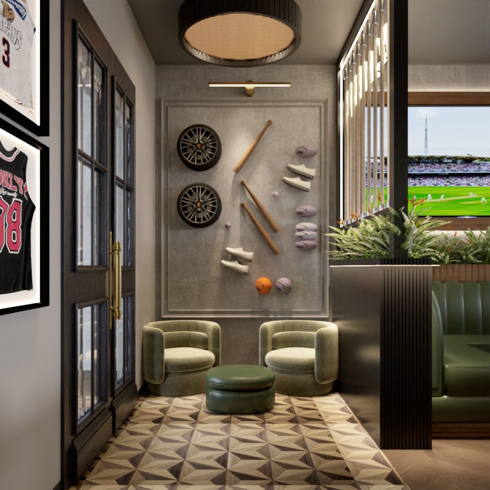 Sports memorabilia feature wall with lounge seating